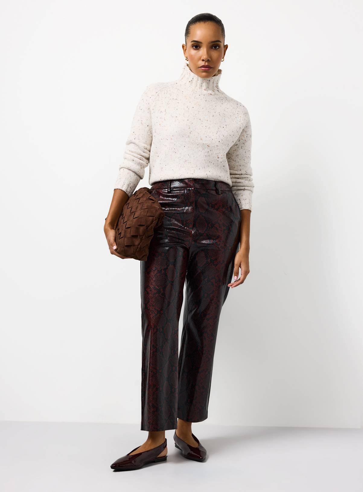 Dark Red Snake Printed Vinyl Straight Leg Trousers  16 - Image 1